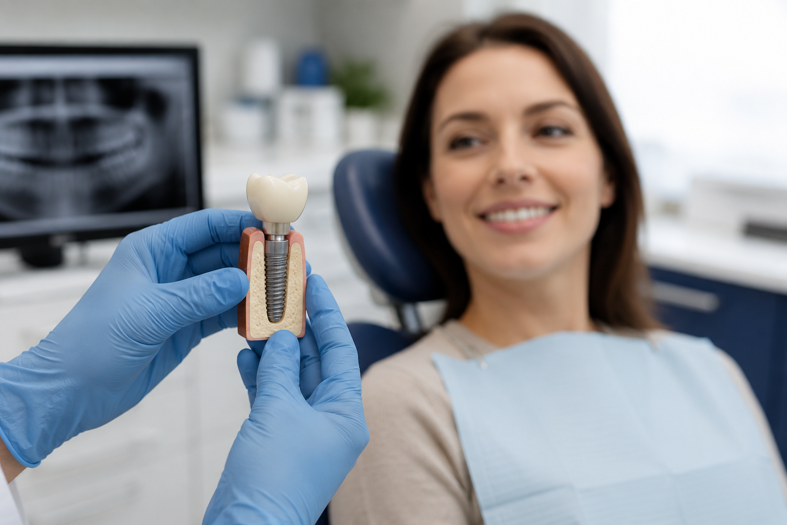 Modelo explicativo de implante dentário em consultório